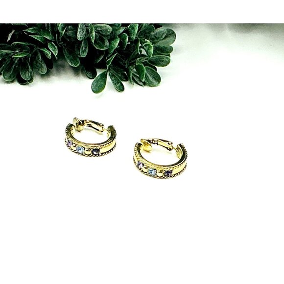 Gold Tone Twisted Rope Design Blue Topaz Hoop Clip on Earrings - Picture 3 of 6